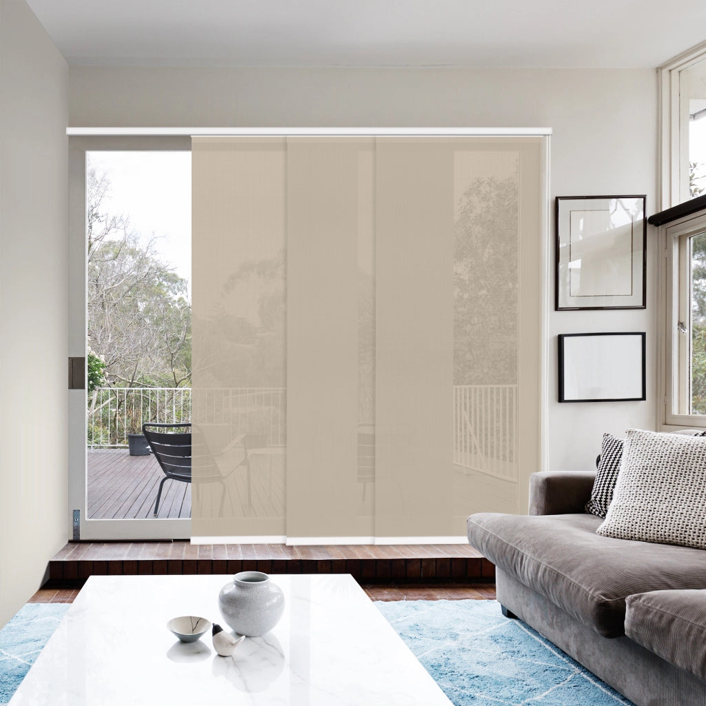 VIEWTEX Kit di pannelli giapponese (binario e pannelli) Screen - Grado di apertura 10% - Linen Sabbia 144 cm - Made in Europe - 5 anni di garanzia