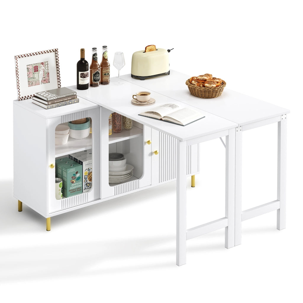 Credenza e madia con piano pieghevole estensibile, 2 ante scorrevoli e cassetti, per cucina e sala da pranzo, bianca