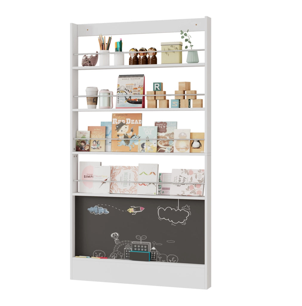 Libreria da Parete in Legno 100 x 10 x 180 cm con 4 Ripiani e Lavagna Bianca