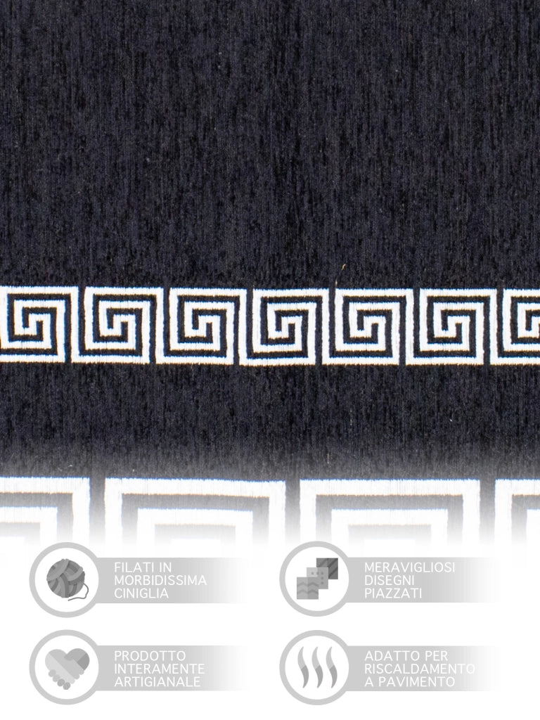 Tappeto Arredo Moderno Morbido in Ciniglia Ingresso Antiscivolo Prodotto Italiano  Soggiorno Camera Salotto Disegni Piazzati Cotone Varie Misure Grande Atena/Nerobianco - 65x220 cm