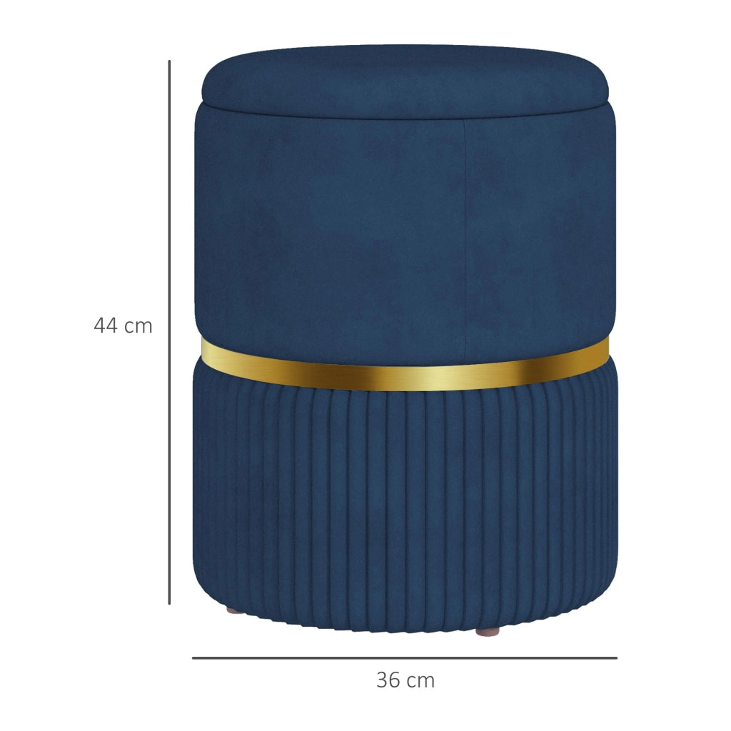 Pouf Contenitore Poggiapiedi Rotondo in Velluto a Coste 36 x 36 x 44 cm Sgabello Salvaspazio per Salotto e Camera Blu