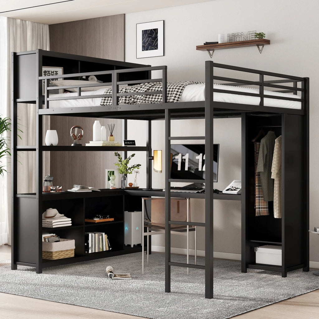 Letto a soppalco 140 × 200 cm 2 posti con scrivania, armadio e vani contenitore, senza materasso, nero