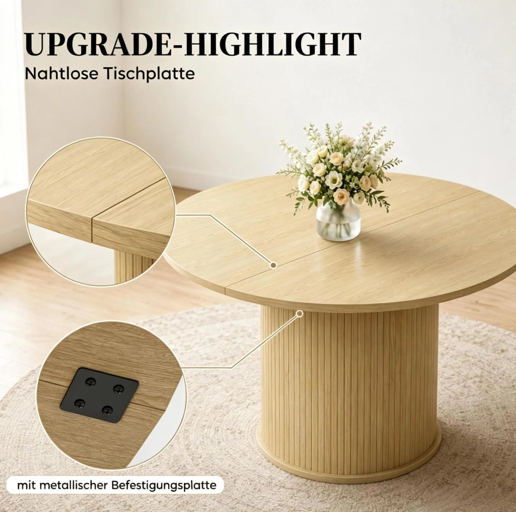 Tavolo da pranzo rotondo Ø 120 cm in finitura legno naturale con base cilindrica scanalata