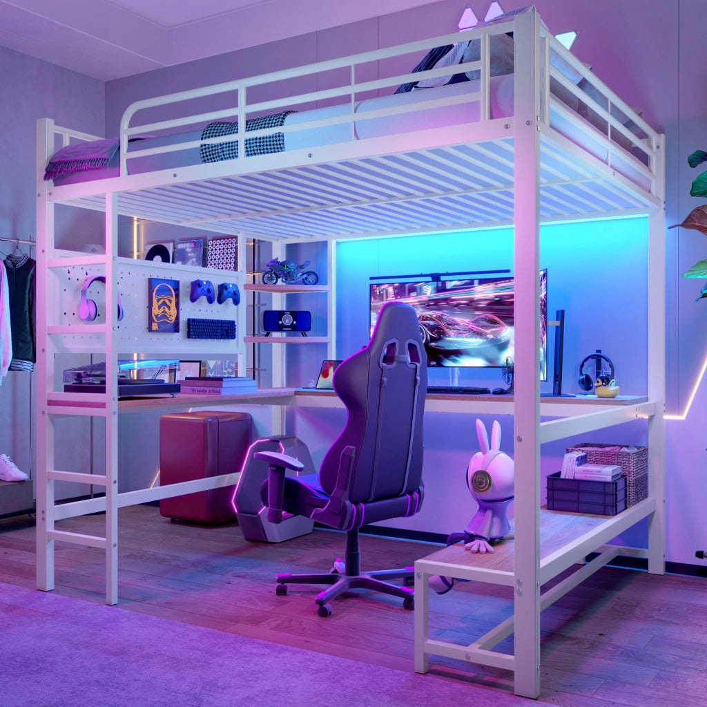 Letto a soppalco 140x200 cm con scrivania; LED; USB e Type-C in metallo e MDF; bianco