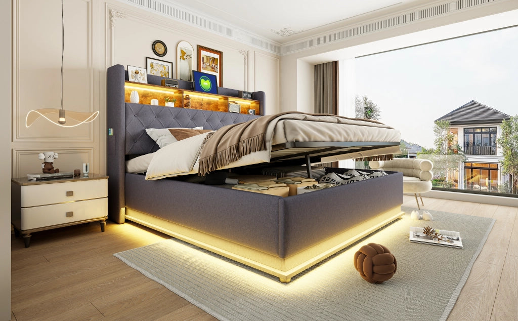 Letto imbottito LED 180 x 200 cm, letto contenitore imbottito con ricarica USB e contenitore idraulico, lino delicato sulla pelle - Grigio