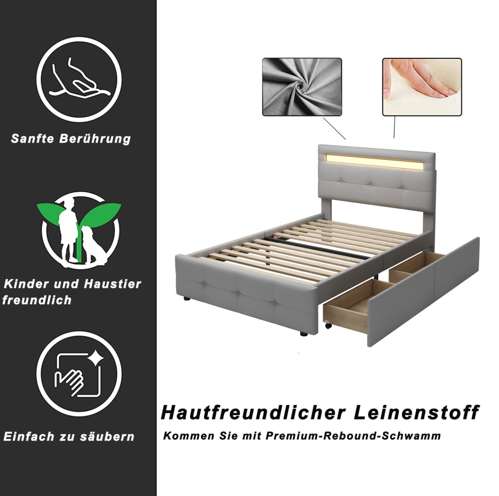 Letto imbottito 90x200 cm con LED e 2 cassetti; grigio
