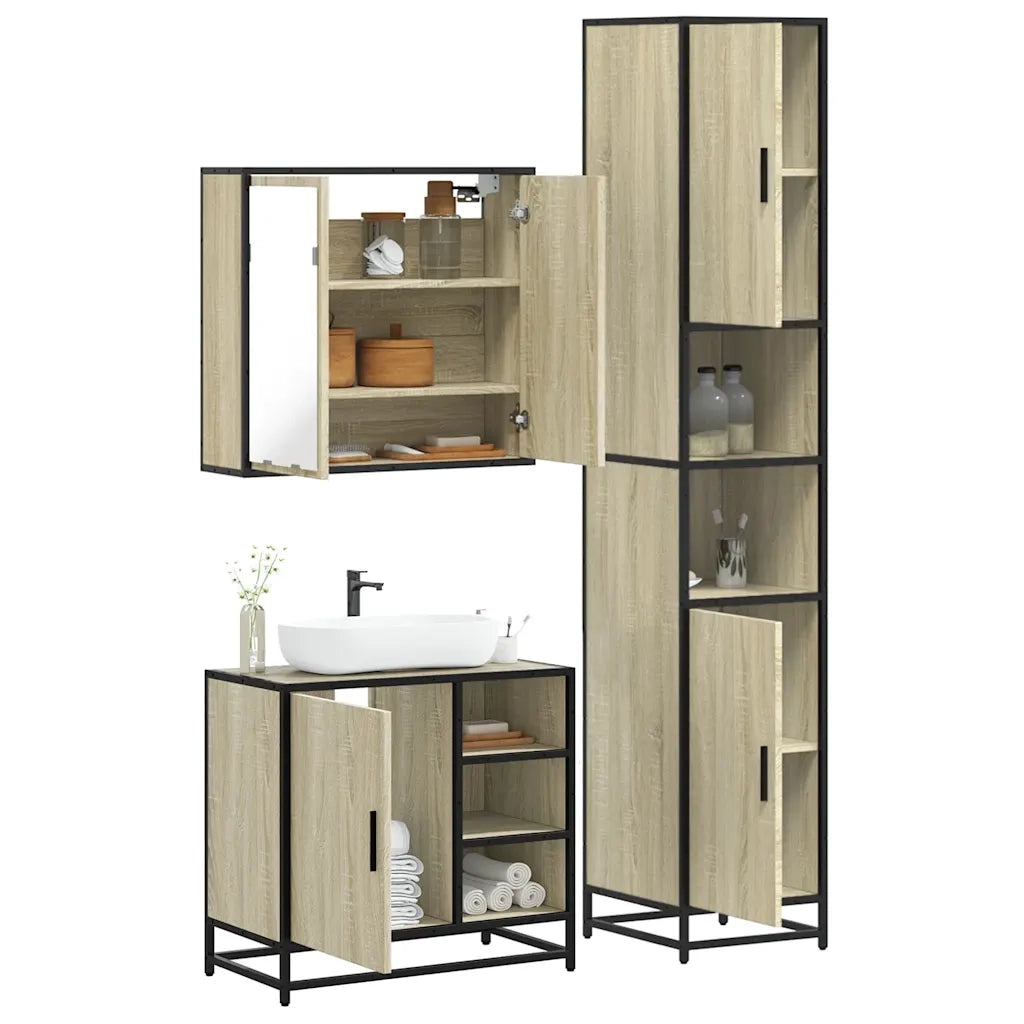 Set Mobili da Bagno | Armadio da bagno 3 pz Rovere Sonoma in Legno Multistrato