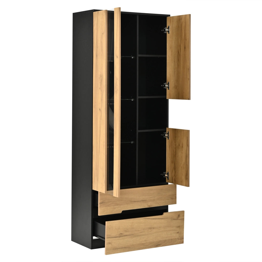 Vetrina con LED, 3 ante, 2 cassetti e vano aperto, per soggiorno, in MDF e vetro, naturale e nero, 70 × 35 × 180 cm