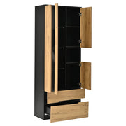 Vetrina con LED, 3 ante, 2 cassetti e vano aperto, per soggiorno, in MDF e vetro, naturale e nero, 70 × 35 × 180 cm