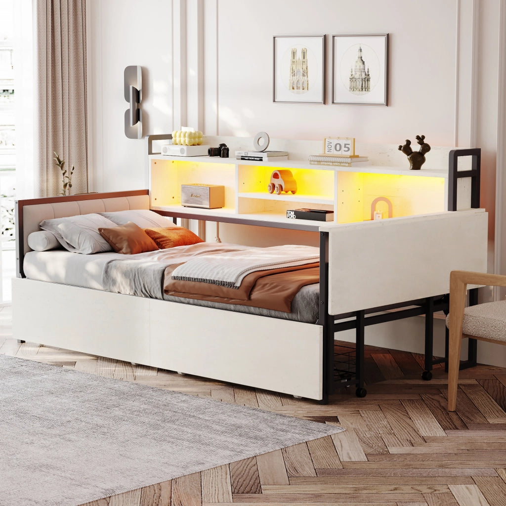 Divano letto in ferro 90 x 200 cm con luce LED e contenitore, cassetti e presa multipla, scrivania estraibile, schienale - Bianco