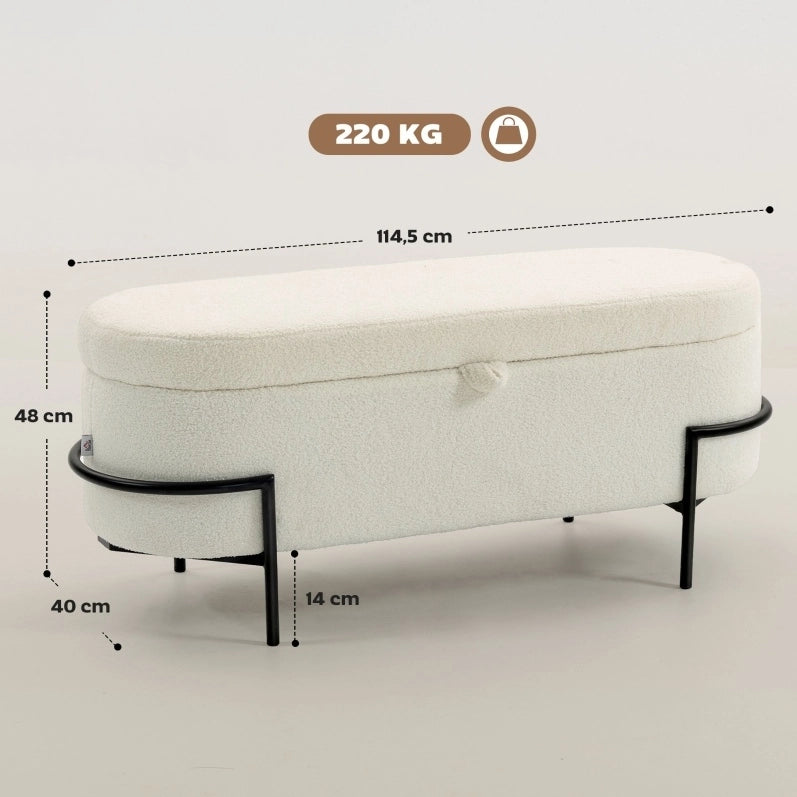 Panchetta con spazio contenitore 69L, seduta imbottita in fleece crema, gambe in acciaio, 114,5x40x48 cm