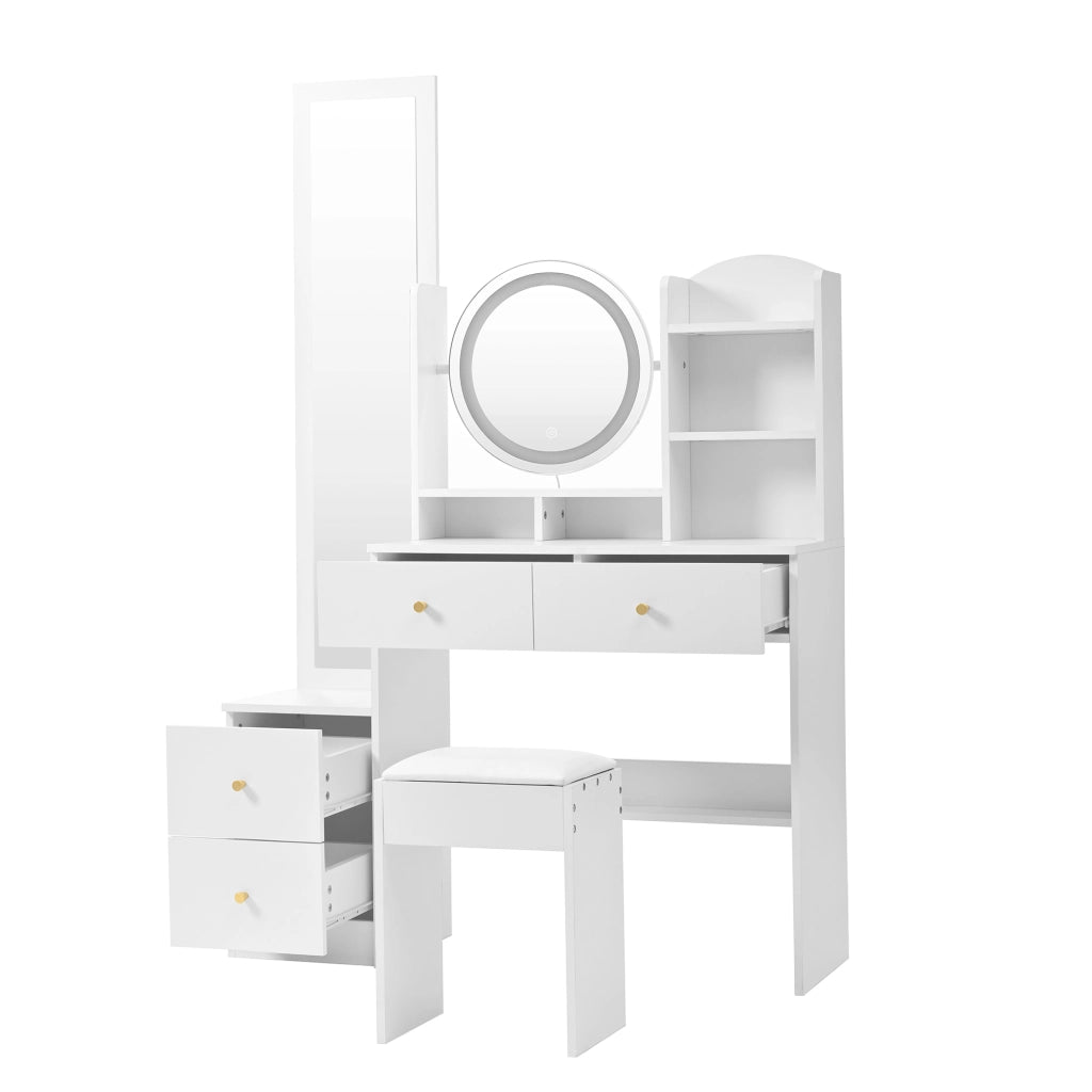 Toeletta 4 in 1 109x36x164 cm con specchio LED; specchio girevole; 4 cassetti e sgabello; bianco