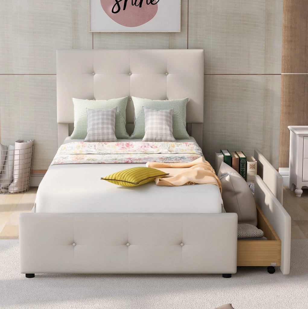 Letto imbottito 90 x 200 cm beige con rete a doghe e 2 cassetti, senza materasso