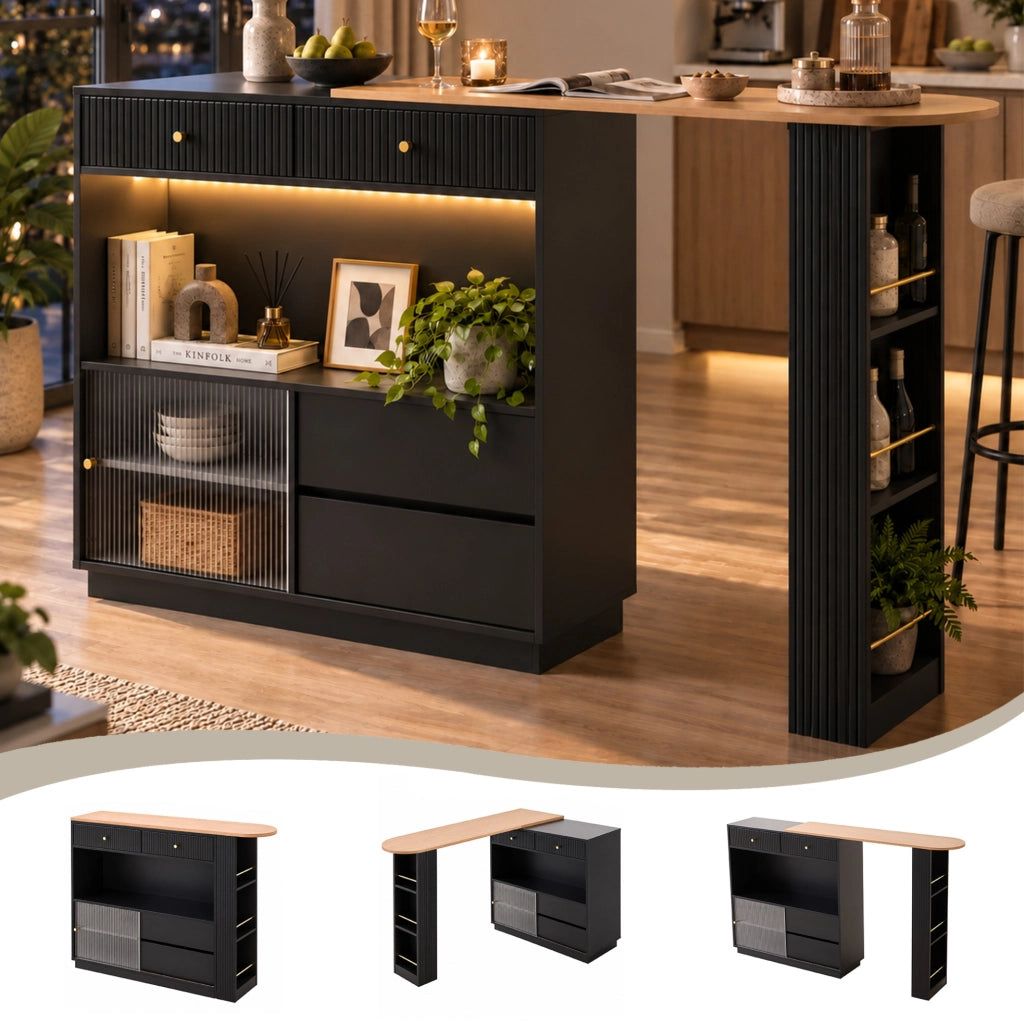Isola cucina girevole 360° con bancone bar; contenitore e LED; estensione max 183 cm; nera HOMVRA