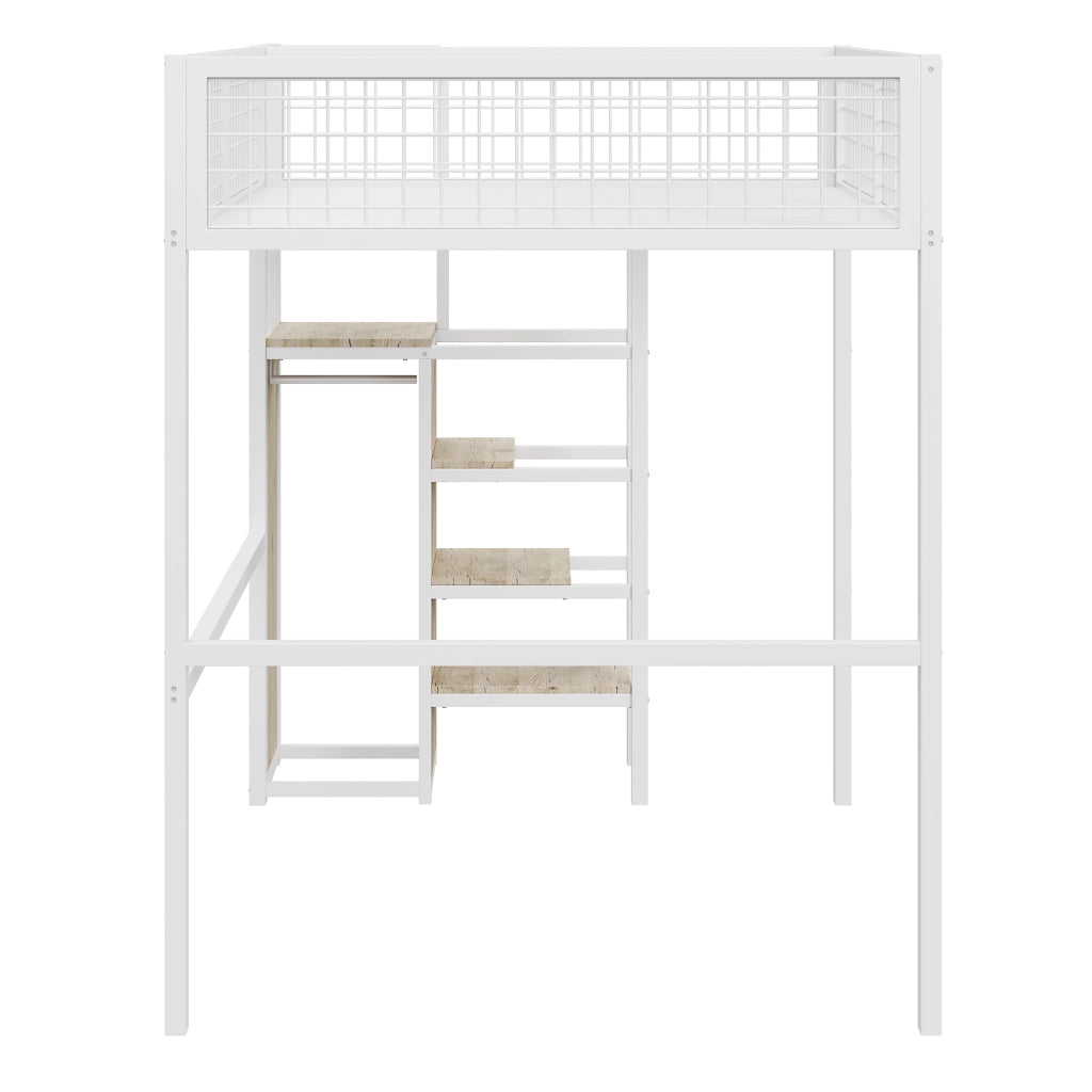 Letto a soppalco 140 × 200 cm con scala e armadio struttura in metallo e MDF bianco