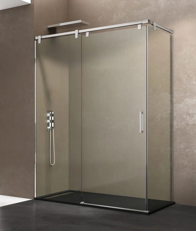 Box doccia angolare FUTURA frontale + laterale fisso 140x80 cm acciaio inox lucido vetro trasparente