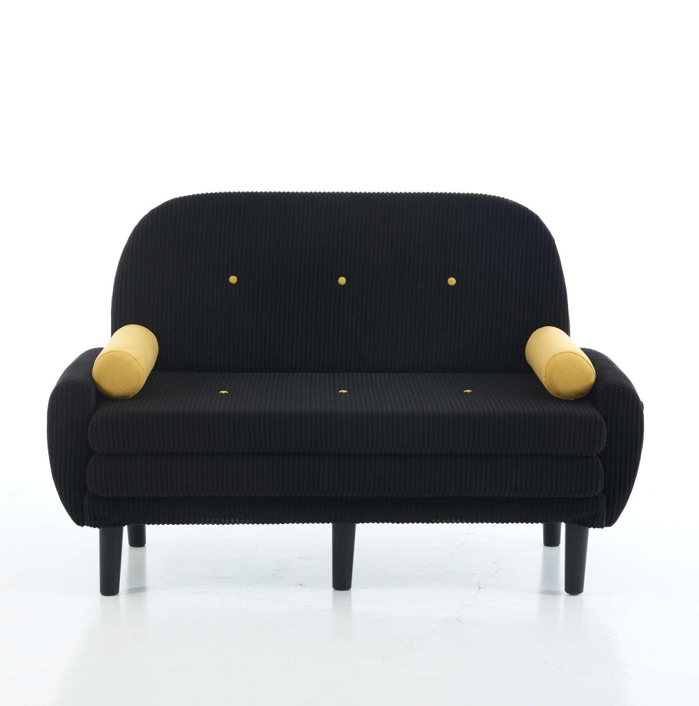 Divano Loveseat nero in velluto con struttura in metallo, schienale regolabile e cuscini cilindrici