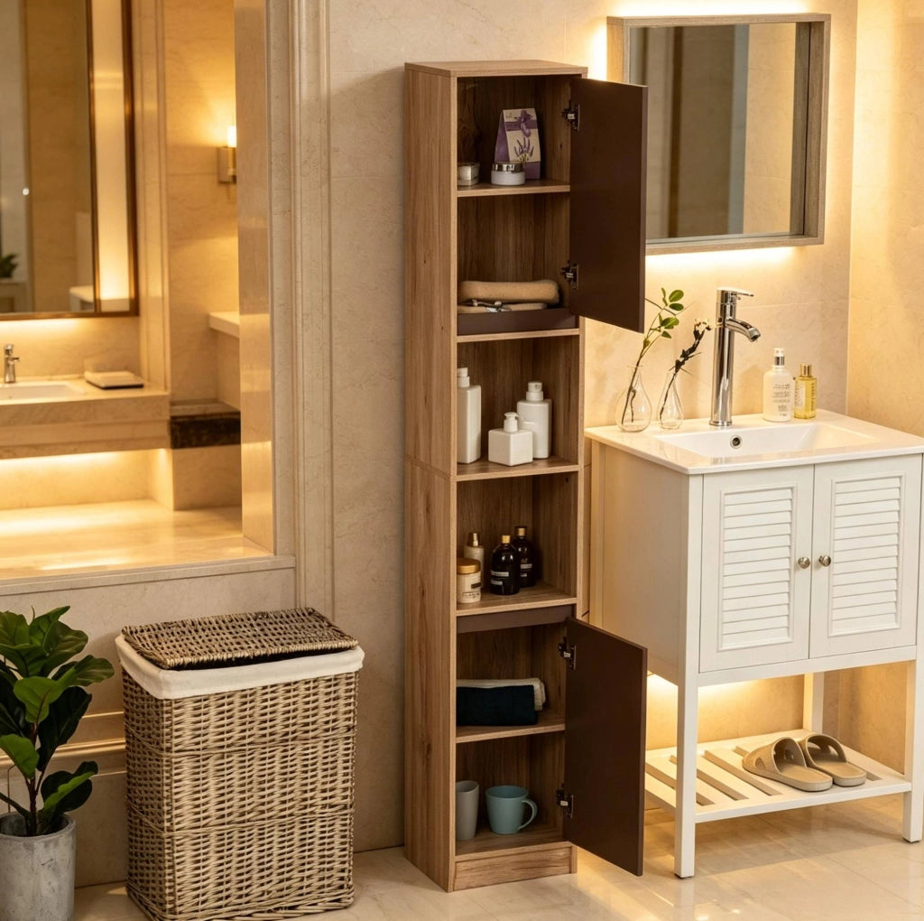 Mobile bagno alto slim in MDF e truciolato grigio e rovere 30x24x170 cm