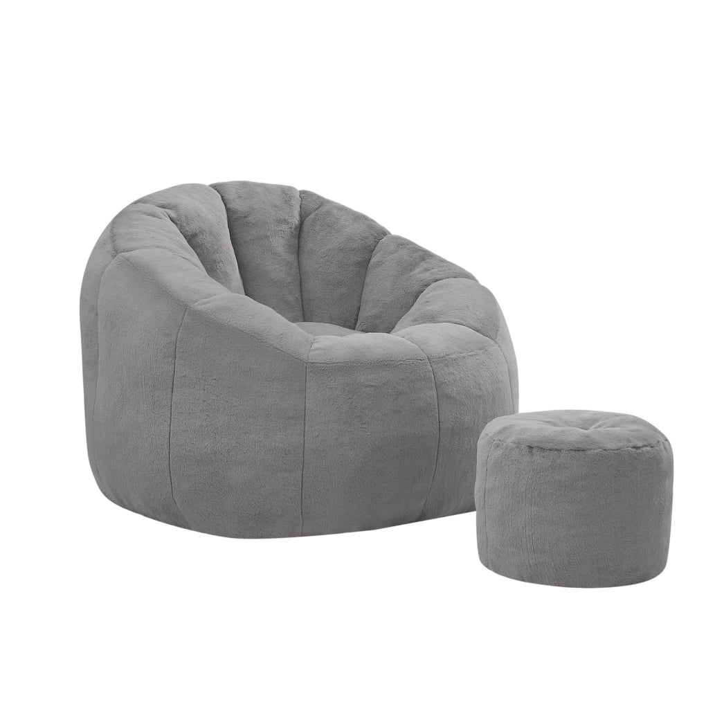Poltrona sacco a fiore con poggiapiedi in peluche grigio HOMVRA