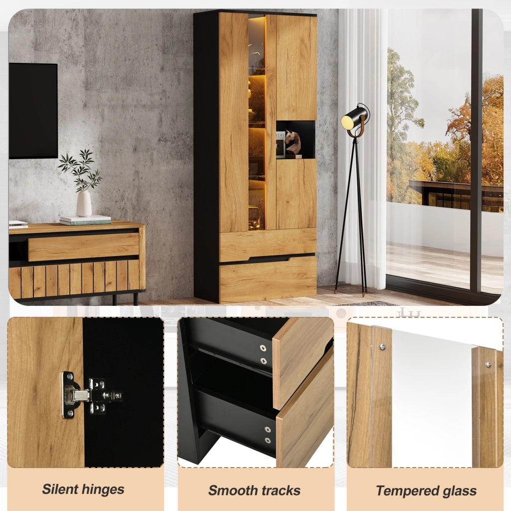 Vetrina con LED, 3 ante, 2 cassetti e vano aperto, per soggiorno, in MDF e vetro, naturale e nero, 70 × 35 × 180 cm