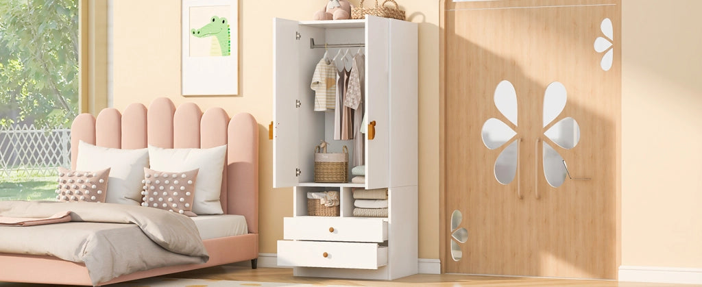 Armadio singolo bianco 70×50×170 cm con due cassetti, maniglie cartoon e piccoli vani portaoggetti
