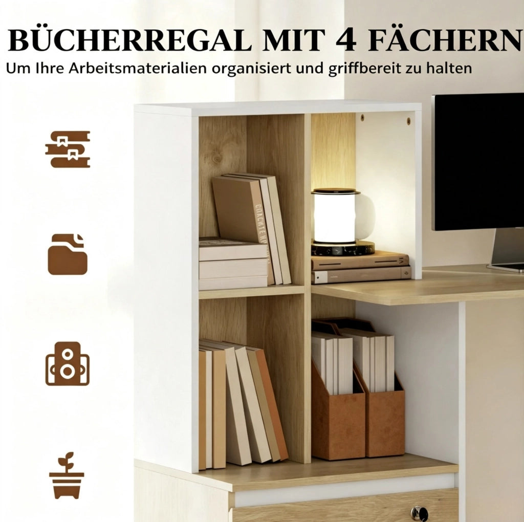 Scrivania per computer con libreria a 4 scomparti e cassetto chiudibile, colore quercia e bianco, 126x50x109 cm