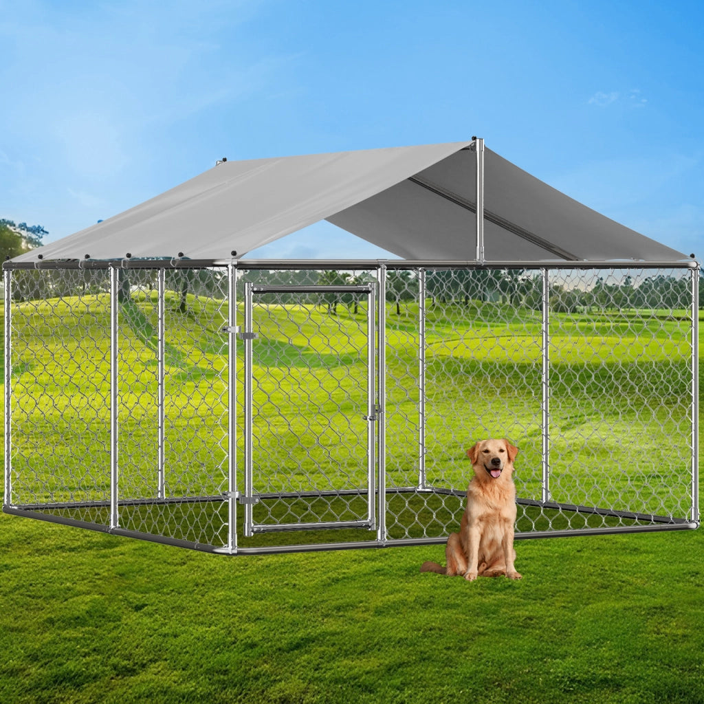 Recinto per cani con tetto in acciaio zincato argento porta con chiusura per giardino 230 × 230 × 117 cm