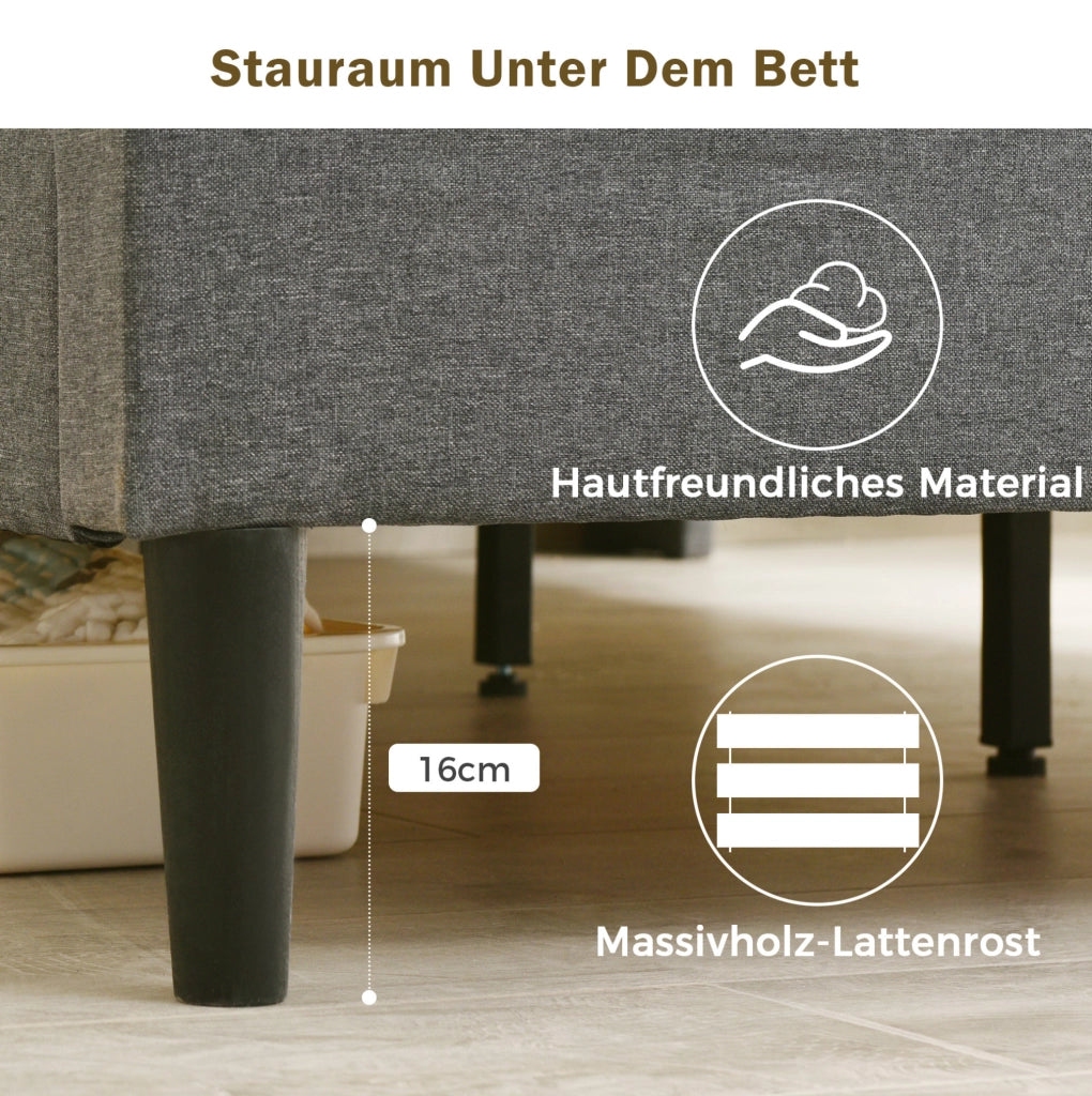 Letto imbottito grigio 140 x 200 cm con testiera contenitore e LED