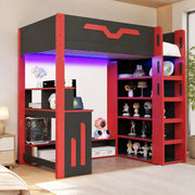 Letto a soppalco 90x200 cm con scrittoio; LED e scaffale a 4 ripiani; MDF e compensato; nero e rosso