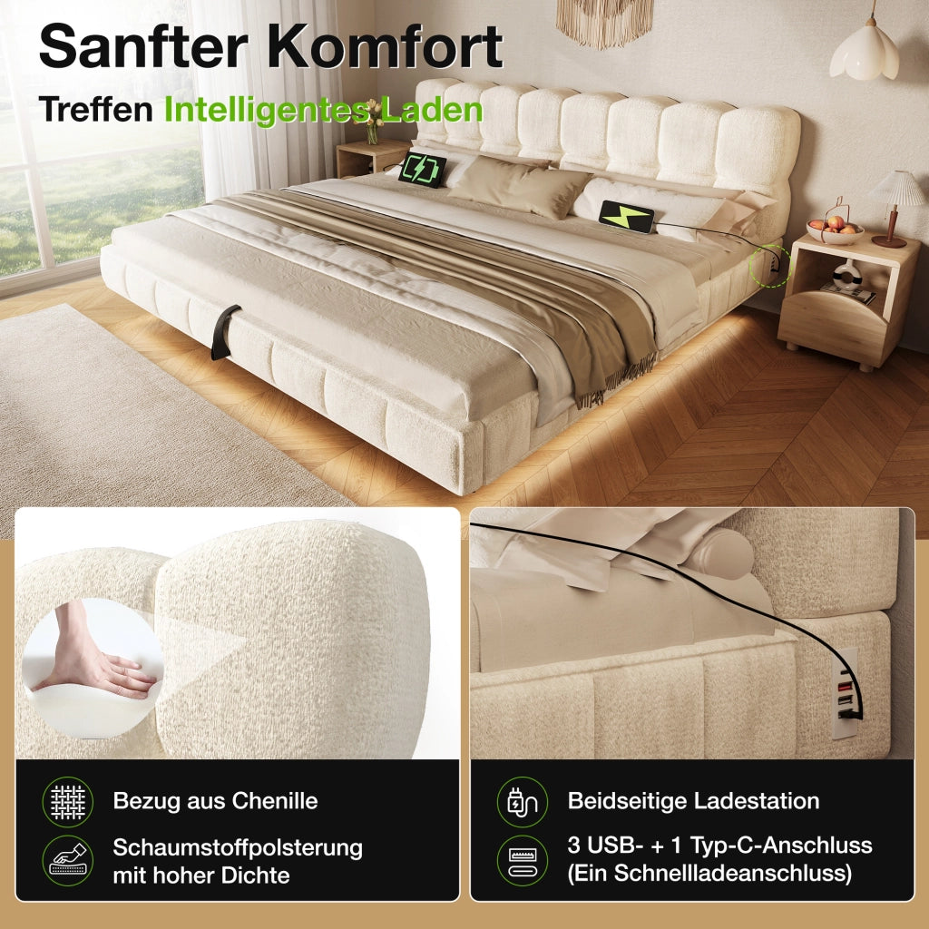 Desviae Letto matrimoniale 140 × 200 cm con contenitore LED e ricarica USB Tipo-C in chenille beige con rete a doghe