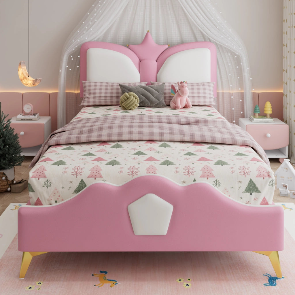 Letto singolo 90 × 200 cm con testiera a corona morbida in PU rosa e bianco