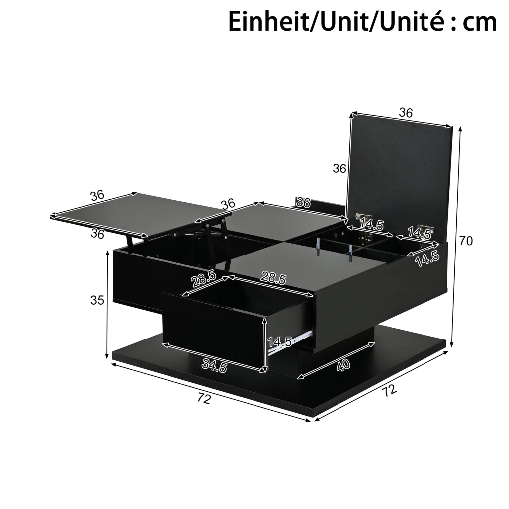 Tavolino basso alzabile con piano a ribalta due cassetti LED con controllo tramite app nero 72 × 72 × 35 cm