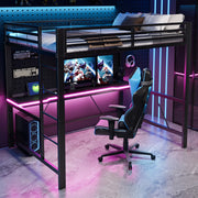 Letto a soppalco gaming in metallo con LED, USB e scrivania, 140x200 cm, nero
