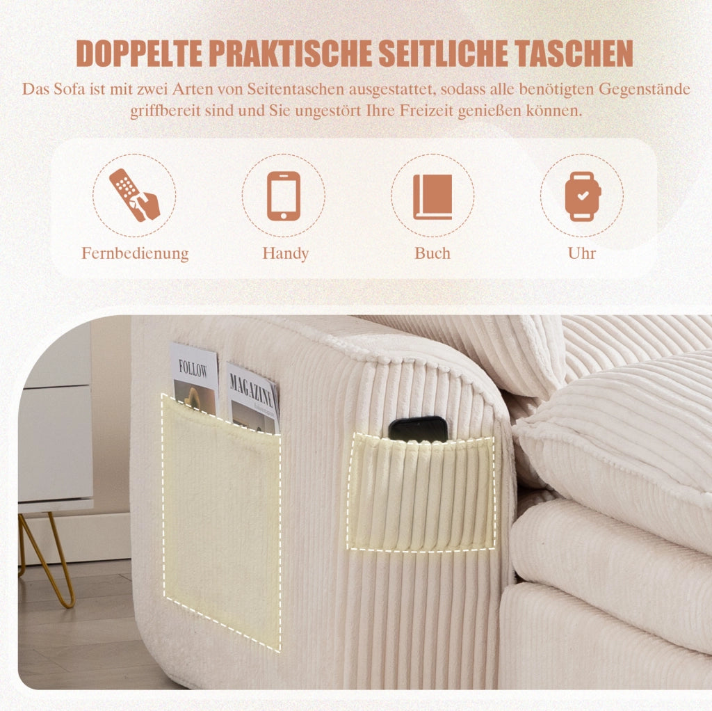 Divano modulare 4 posti in velluto a coste beige con 2 pouf, cuscini e 2 tasche laterali, imbottitura a 3 strati con molle integrate