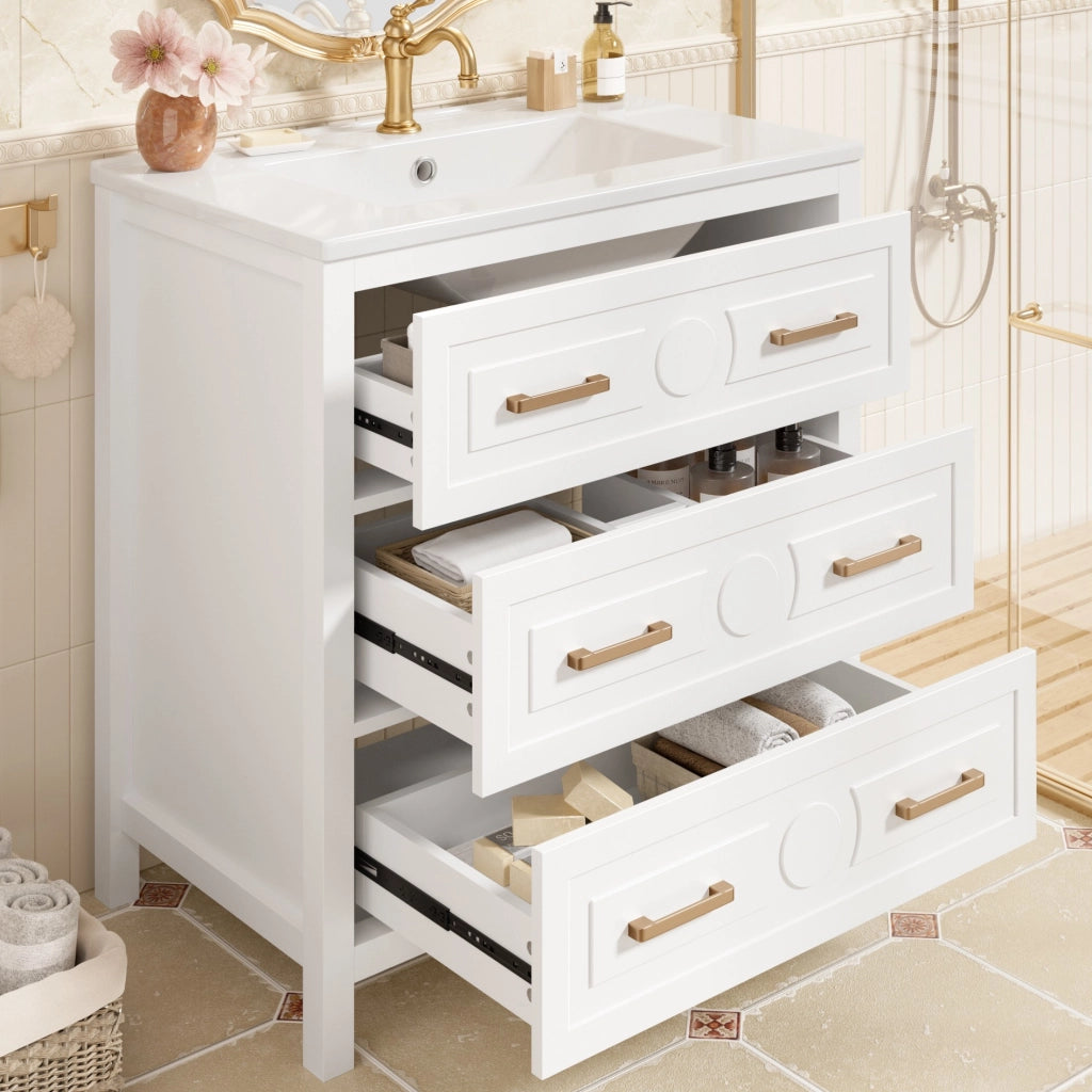 Mobiletto con lavabo in ceramica con 3 cassetti silenziosi in MDF laccato bianco 76.5 × 47 × 82 cm
