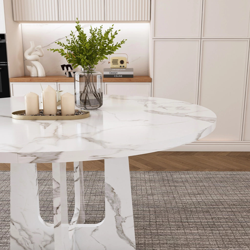 Tavolo da pranzo rotondo ?120 cm in MDF con decoro marmo bianco