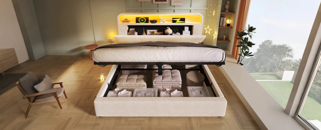 Letto imbottito 140x200 cm con testiera regolabile in velluto beige, contenitore idraulico, illuminazione LED e stazione di ricarica USB/Type-C, con rete a doghe (senza materasso)