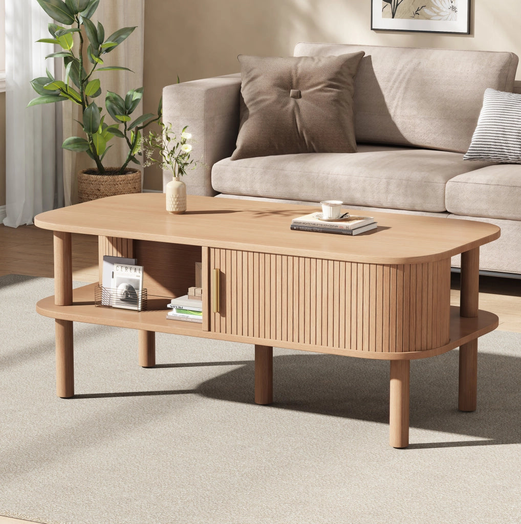 Tavolino da caffè 110x55x45 cm in MDF con anta scorrevole e vani; naturale