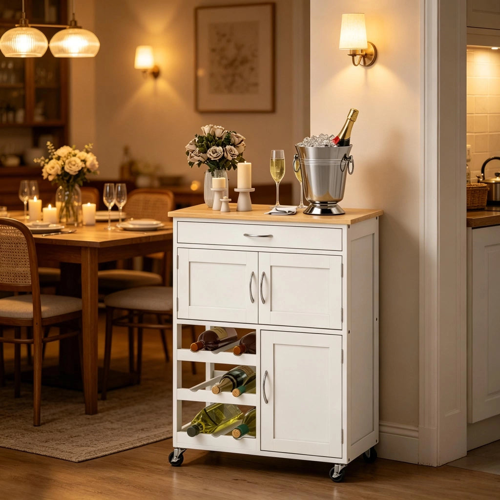 Carrello da cucina con cassetto; 2 armadietti e portabottiglie su ruote in MDF bianco e legno 67 × 37 × 87 cm