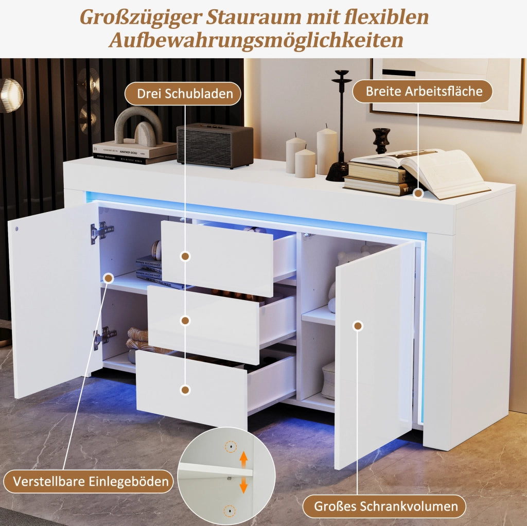 Credenza bianca lucida con 2 ante, 3 cassetti e LED