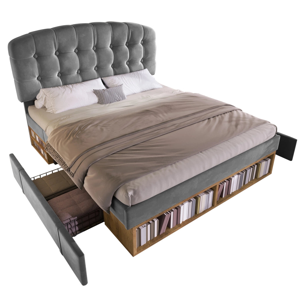 Letto matrimoniale 140x200 cm in velluto grigio con cassetti e testiera regolabile HOMVRA
