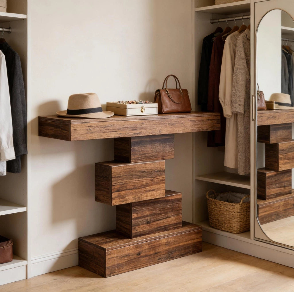 Tavolo consolle moderno con base geometrica in legno 108x30x80 cm, colore marrone rustico