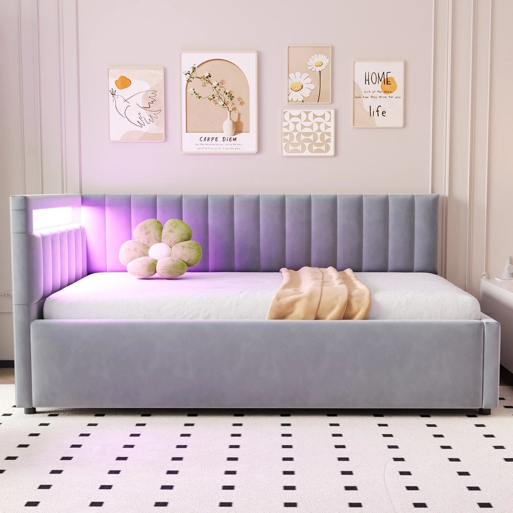 Letto Imbottito Contenitore con LED ¨C Xylo ¨C Velluto Grigio Chiaro 90x200
