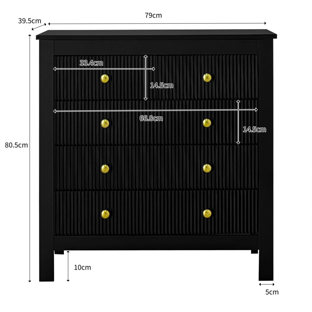 Credenza nera a 5 cassetti con maniglie dorate
