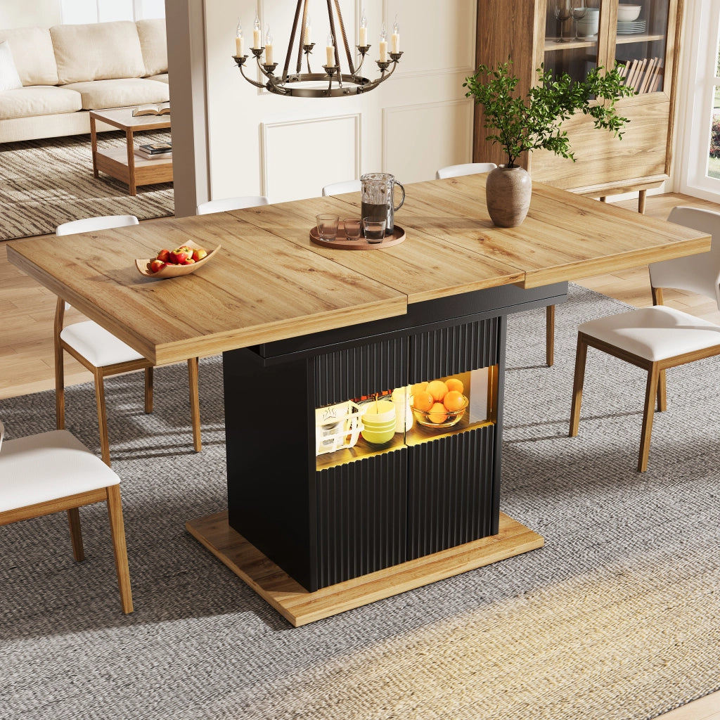 Tavolo da pranzo allungabile 110-140x80 cm con vano contenitore LED; MDF nero effetto legno