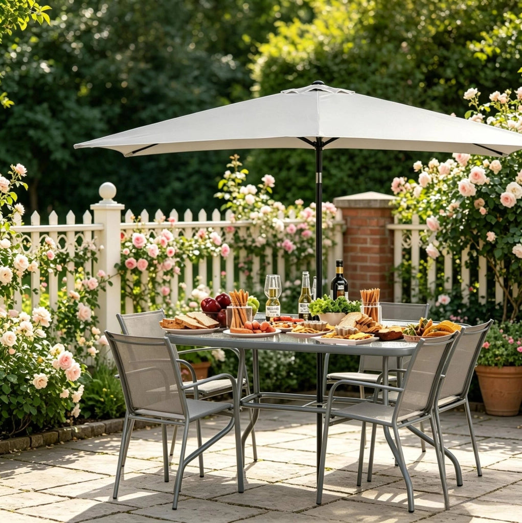 Tavolo da Giardino Rettangolare con Foro per Ombrellone, 120x80x70 cm, Metallo e Vetro Temperato, Nero