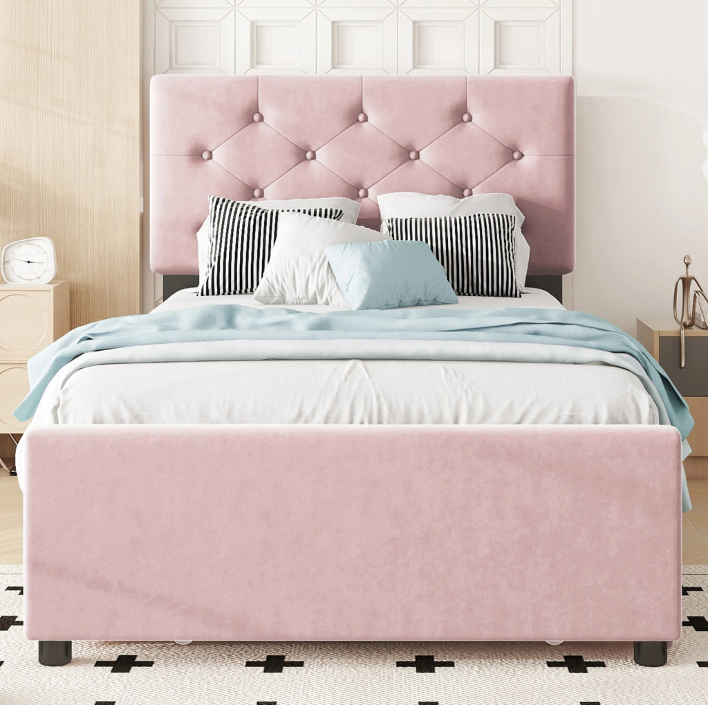 Letto imbottito rosa 90x200 cm in velluto con rete a doghe e letto estraibile