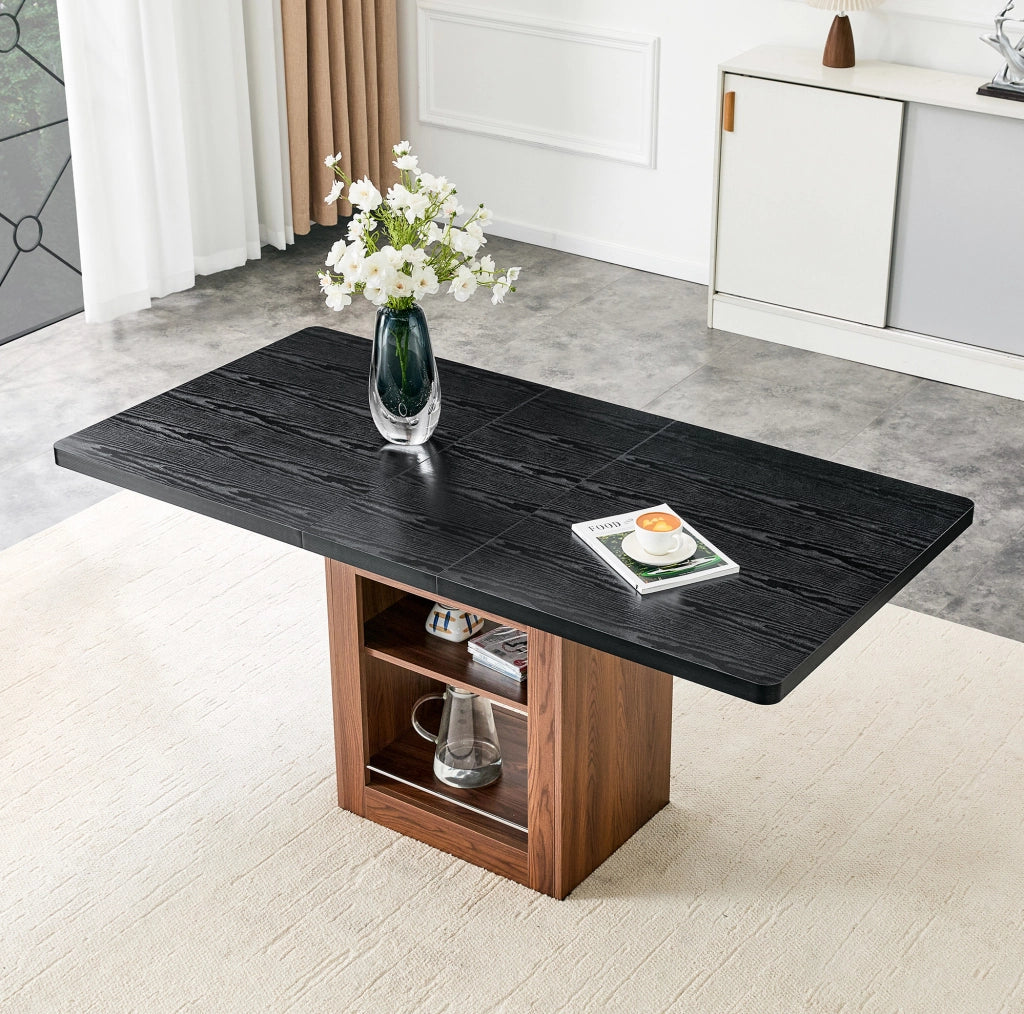 Tavolo da pranzo allungabile con ripiano, piano effetto legno nero, struttura color noce, 130-160 cm