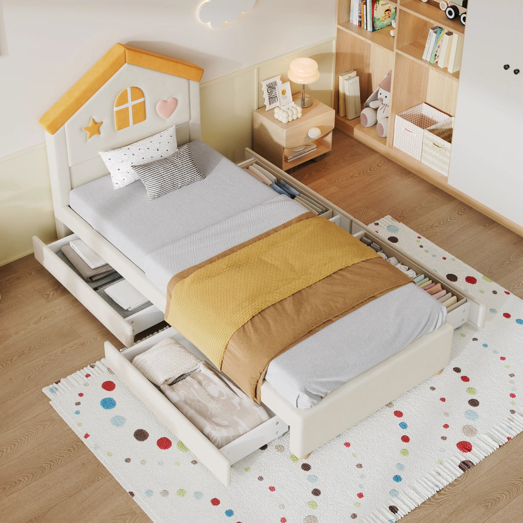 Letto per bambini imbottito 90 × 200 cm con 4 cassetti in velluto beige testiera a casetta rete a doghe