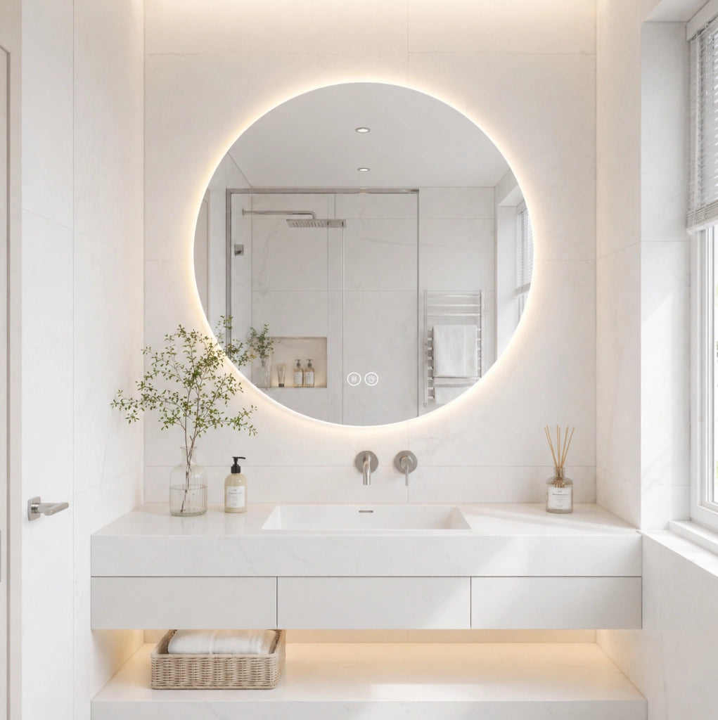 Specchio bagno LED rotondo 80 cm con retroilluminazione, antiappannamento, 3 tonalità di luce dimmerabili, funzione memoria, sensore touch, vetro argento HD senza rame 5 mm